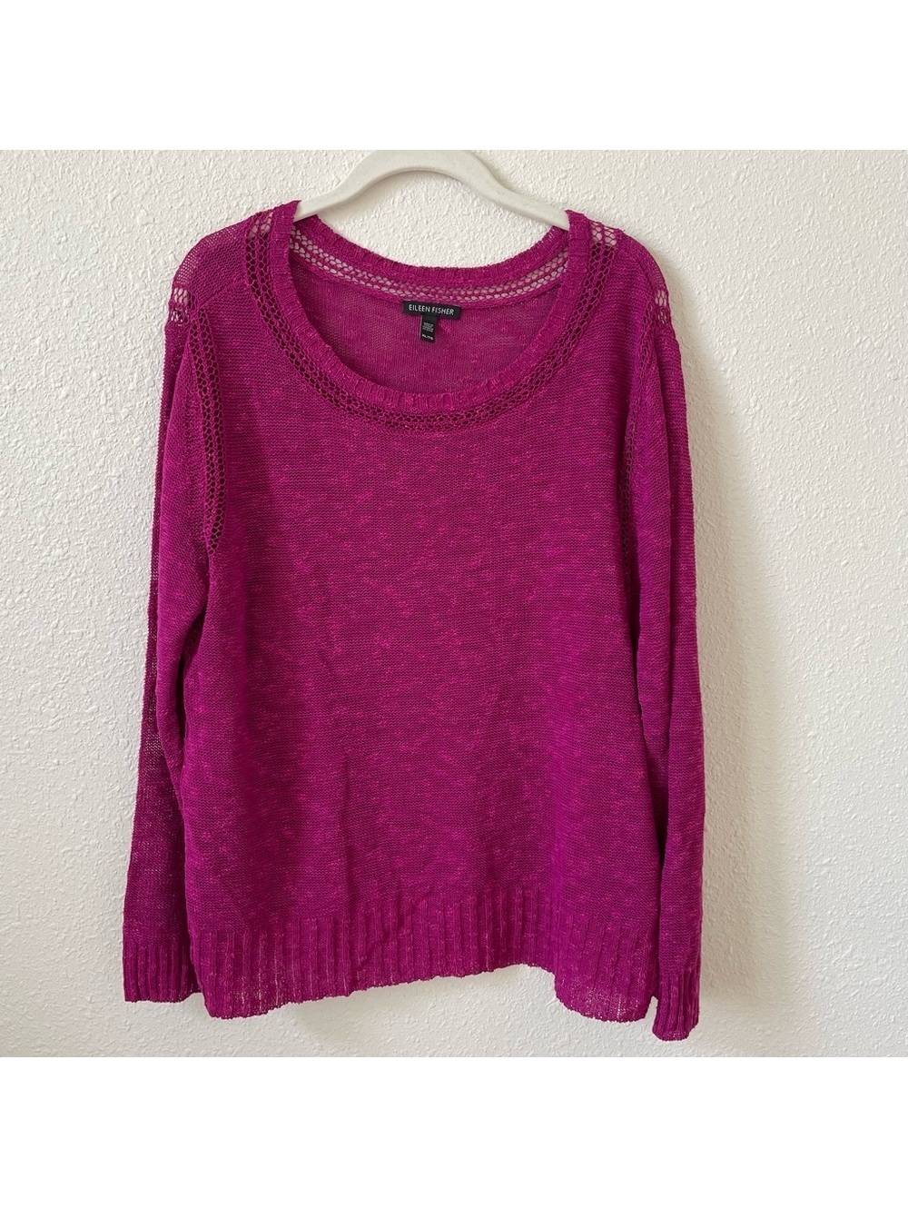 Eileen Fisher Organic Linen Cotton Open Knit Sweater Cerise Pink Size XL Coastal